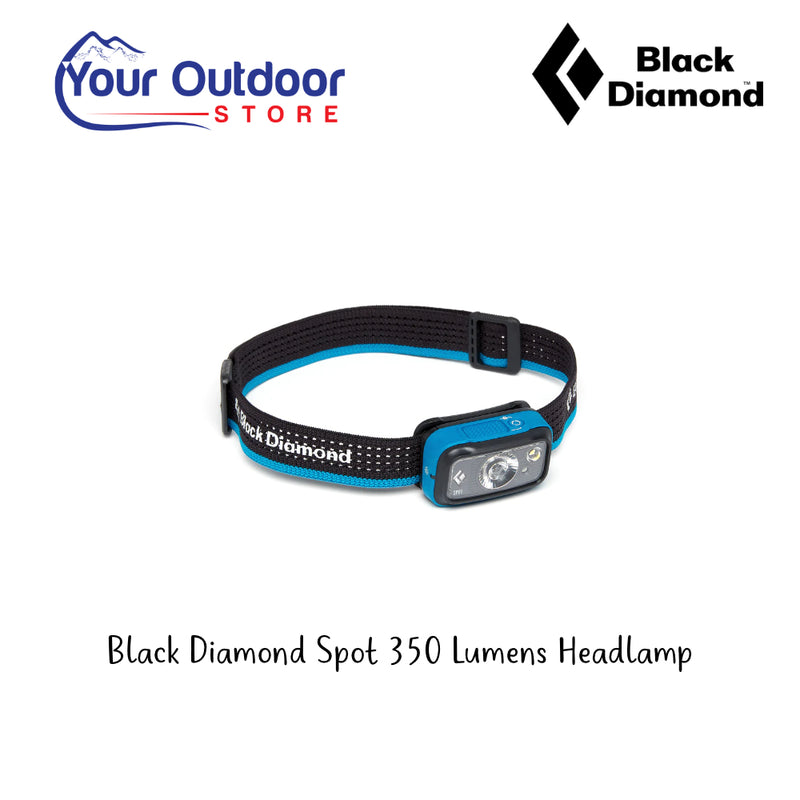Black Diamond Spot 350 Lumens Headlamp. Hero Image Showing Logos and Title. 