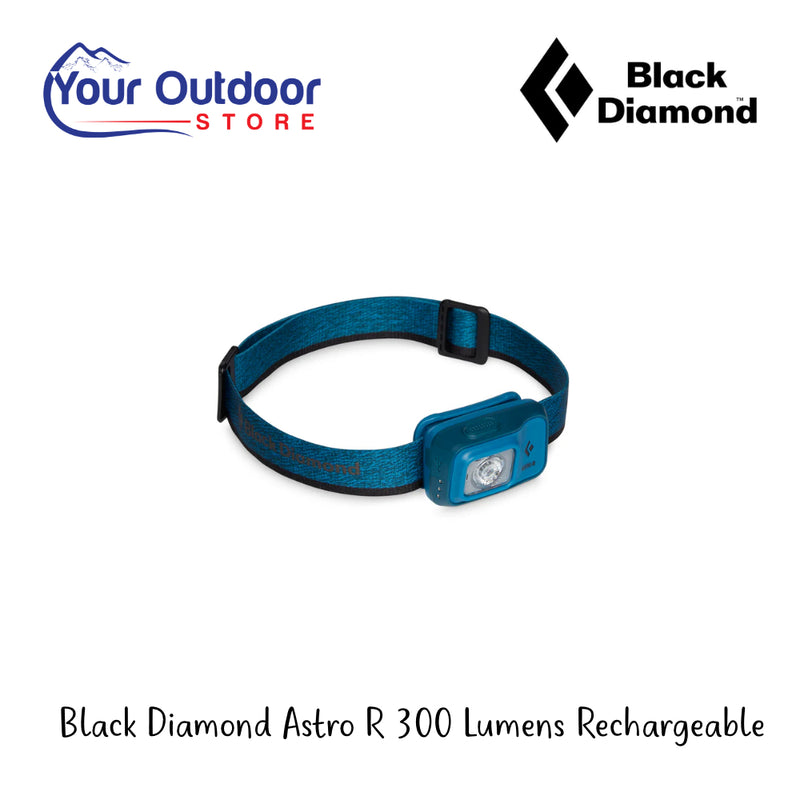 Black Diamond Astro R 300 Lumens Rechargeable Headlamp | Hero Image Showing All Logos And Titles.