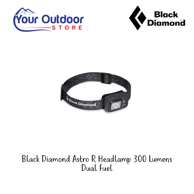 Black Diamond Astro R Headlamp 300 Lumens Dual Fuel. Hero Image Showing Logos and Title. 