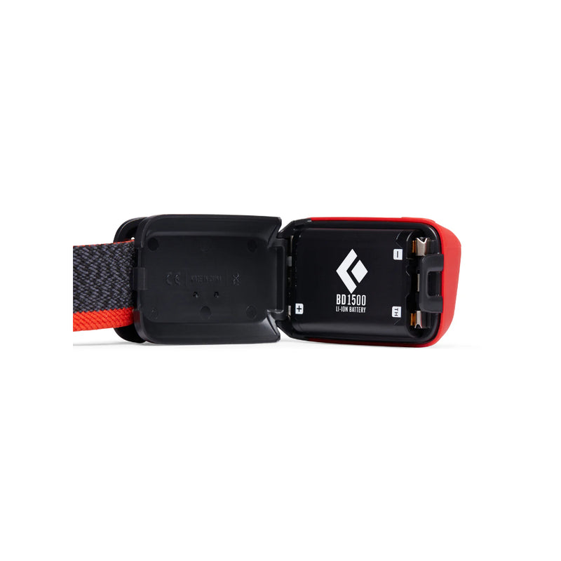 Black | Black Diamond BD 1500 Battery And Charger Image Showing Battery Placement In A Headlamp.