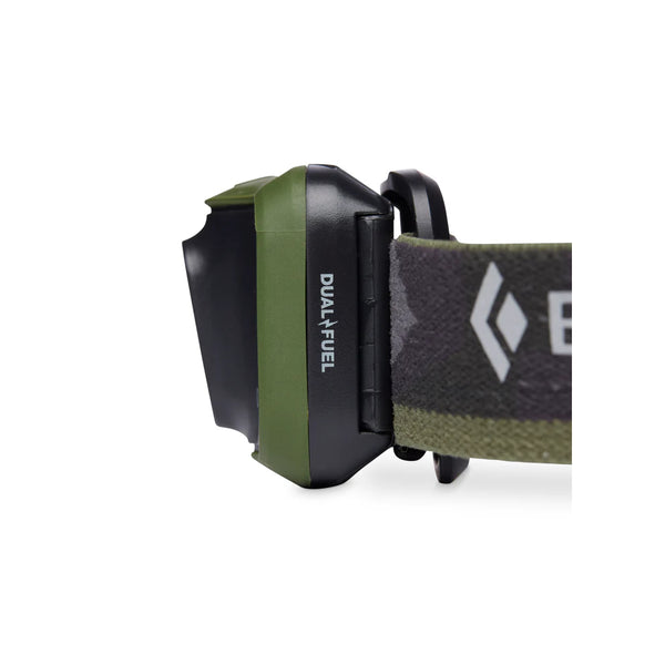 Dark Olive | Black Diamond Cosmo 350 Lumens Headlamp - Dual Fuel Image Showing Side View.