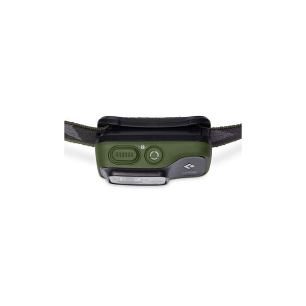 Dark Olive | Black Diamond Cosmo 350 Lumens Headlamp - Dual Fuel Image Showing Top View Of The Buttons On The Top Of The Light.