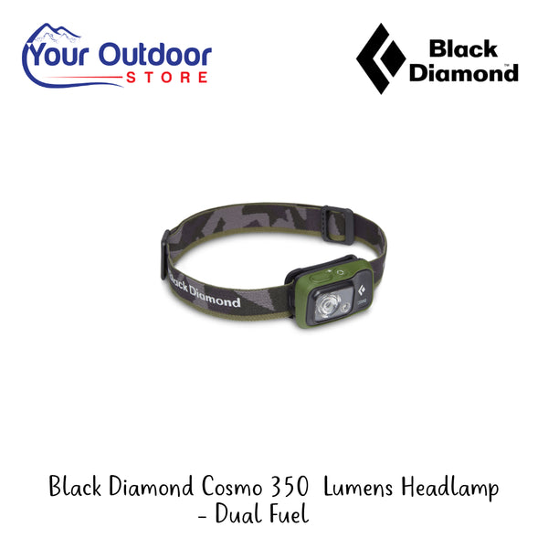 Black Diamond Cosmo 350 Lumens Headlamp - Dual Fuel | Hero Image Showing All Logos And Titles.