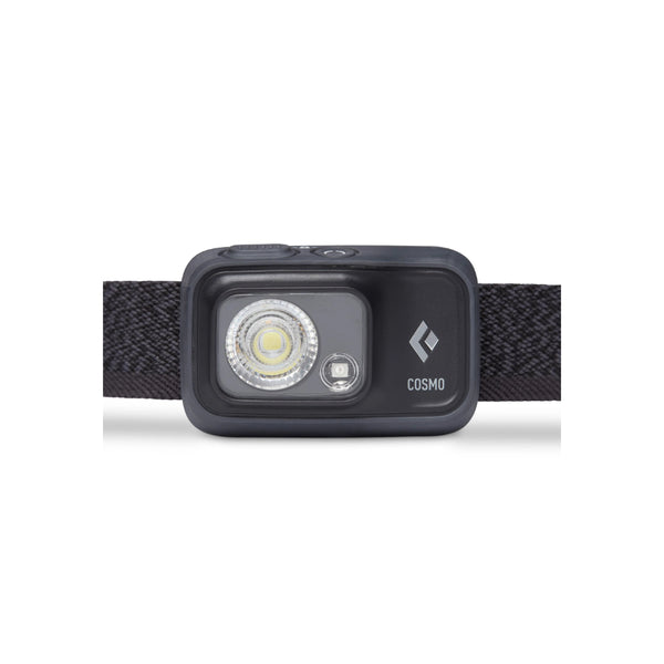 Black | Black Diamond Cosmo 350 Lumens Headlamp - Dual Fuel Image Showing Close Up Front View Of The Light.