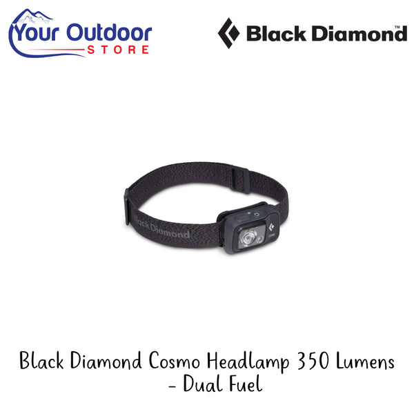 Black Diamond Cosmo Headlamp 350 Lumens - Dual Fuel | Hero Image Showing All Logos And Titles.