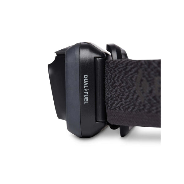 Black |  Black Diamond Cosmo 350 Lumens Headlamp - Dual Fuel Image Showing Side View.