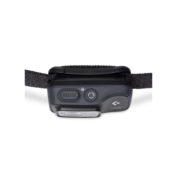 Black | Black Diamond Cosmo 350 Lumens Headlamp - Dual Fuel Image Showing Top View Of The Buttons On The Top Of The Light.