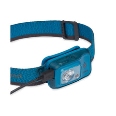 Azul | Black Diamond Cosmo R Headlamp 350 Lumens - Rechargeable Image Showing Angled Front View With Charger Cord Plugged Into The Charger Port.