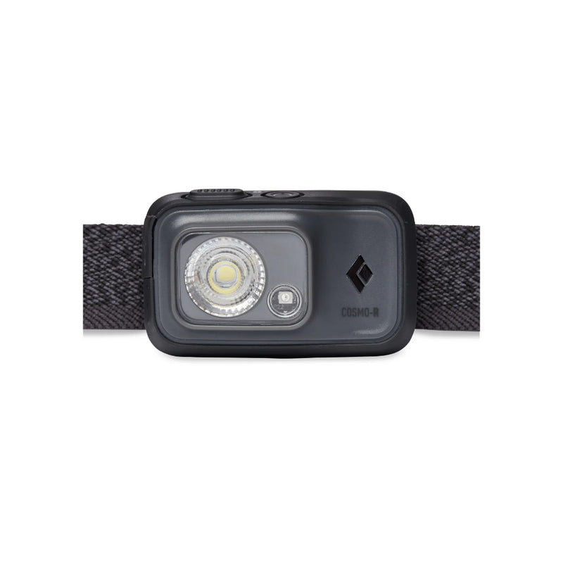 Graphite | Black Diamond Cosmo R Headlamp 350 Lumens Rechargeable Image Showing Close Up View Of Light.