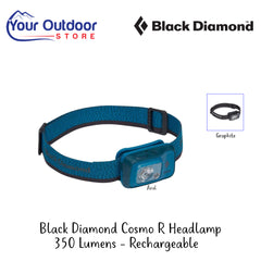 Black Diamond Cosmo R Headlamp 350 Lumens - Rechargeable | Hero Image Showing All Logos, Titles And Variants. 
