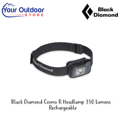 Black Diamond Cosmo R Headlamp 350 Lumens Rechargeable | Hero Image Showing All Logos And Titles.