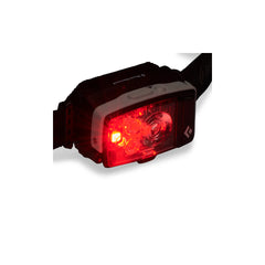 Black / Alloy | Black Diamond Distance LT 1100 Lumens Rechargeable Headlamp Image Showing Angled Front View Of Headlamp, Red Light On.