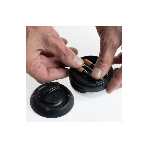 Grey | Black Diamond Moji+ Lantern Image Showing Angled View Of Batteries Being Put Into The Lantern.