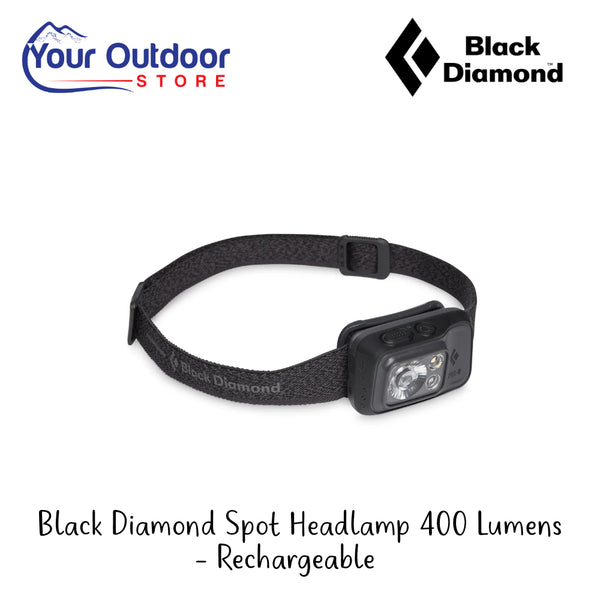 Black Diamond Spot Headlamp 400 Lumens - Rechargeable | Hero Image Showing All Logos And Titles.