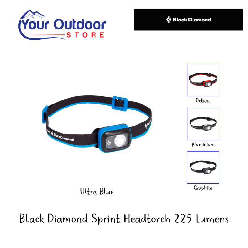 Black Diamond Sprint Headtorch 225 Lumens. Hero Image Showing Variants, Logos and Title.