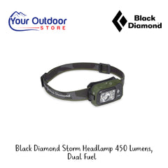 Black Diamond Storm Headlamp 450 Lumens Dual Fuel | Hero Image Showing All Logos And Titles.