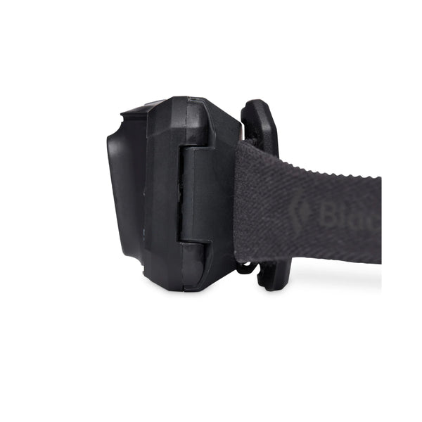Black | Black Diamond Storm Headlamp 450 Lumens - Dual Fuel Image Showing Side View.