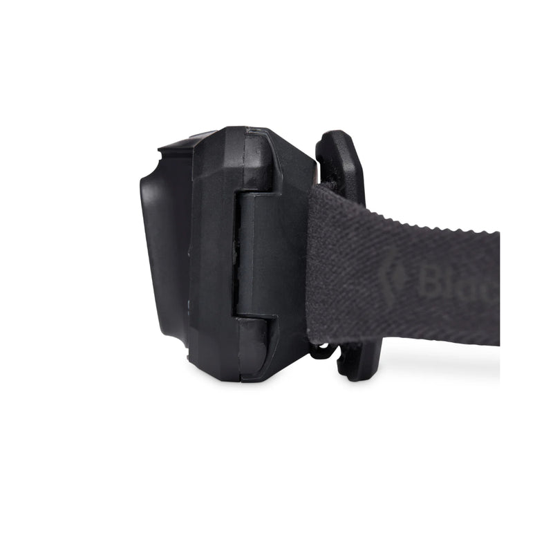 Black | Black Diamond Storm Headlamp 450 Lumens - Dual Fuel Image Showing Side View.