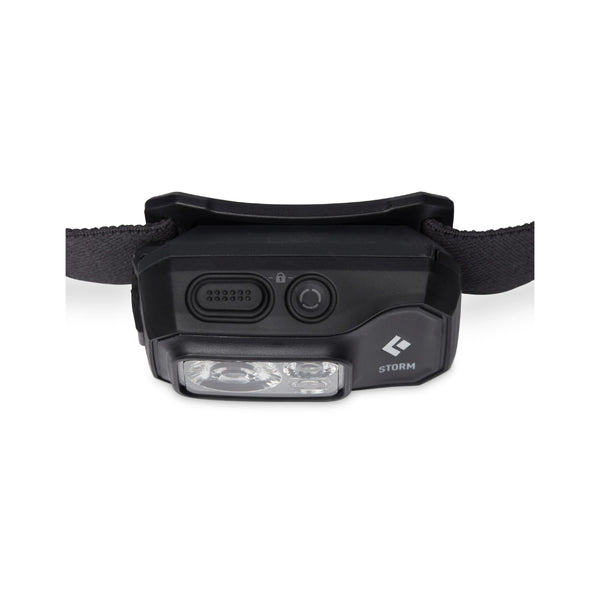 Black | Black Diamond Storm Headlamp 450 Lumens - Dual Fuel Image Showing Top View.
