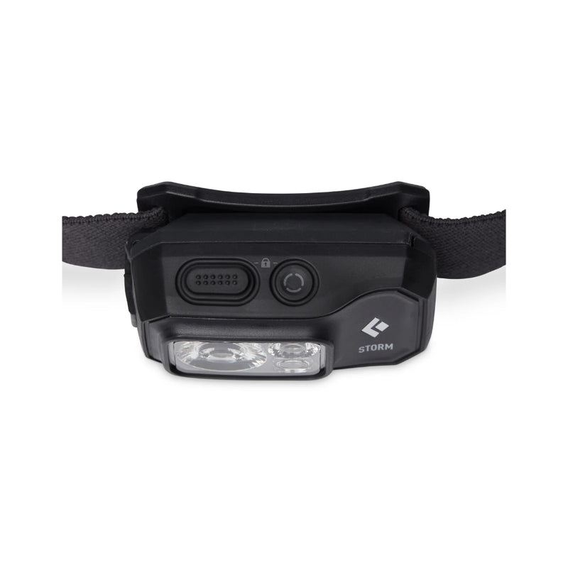 Black | Black Diamond Storm Headlamp 450 Lumens - Dual Fuel Image Showing Top View.
