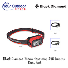 Black Diamond Storm Headlamp 450 Lumens - Dual Fuel | Hero Image Showing All Logos And Titles.