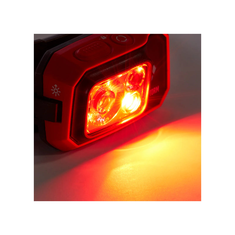 Octane |  Black Diamond Storm Headlamp 450 Lumens - Dual Fuel Image Showing Angled Side View Of The Red Light On.