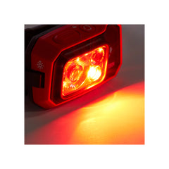 Octane |  Black Diamond Storm Headlamp 450 Lumens - Dual Fuel Image Showing Angled Side View Of The Red Light On.