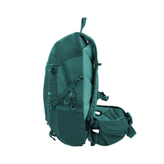 Quetzal Green | Black Wolf Arakoon Day Pack Image Showing Side View With Waist Strap, Buckles And Zippers In View.