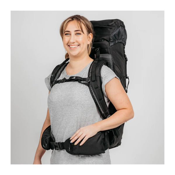 Jet Black | Black Wolf Hiking Pack. Done Up On Model.