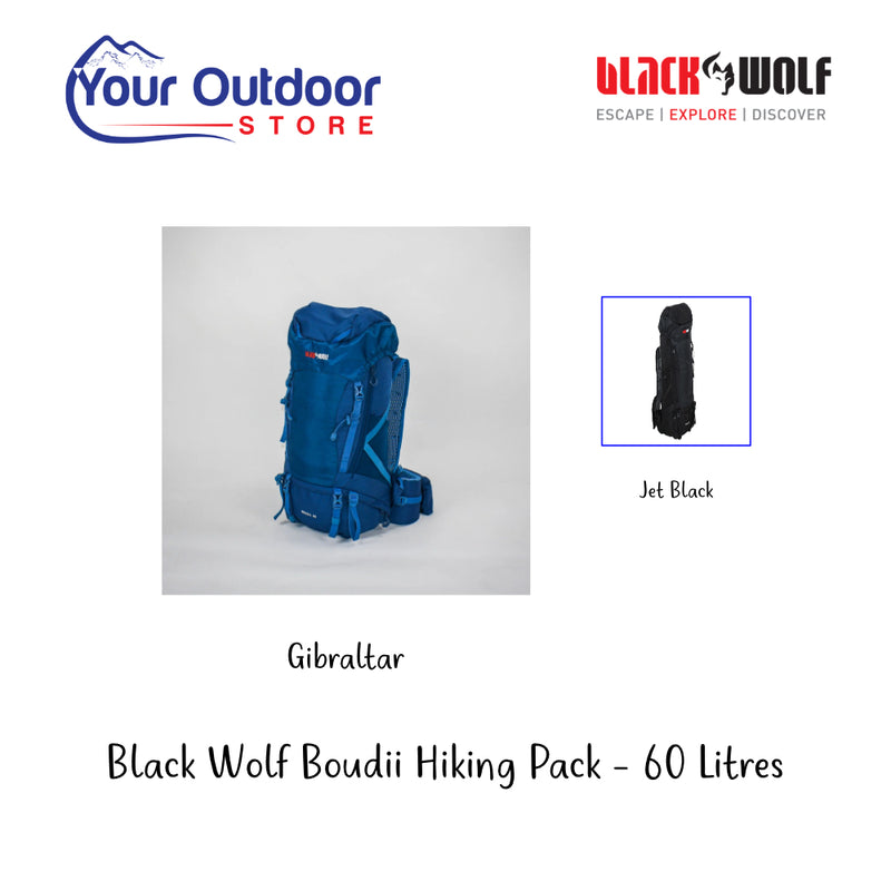 Black Wolf Boudii Hiking Pack - 60L. Hero Image Showing Variants, Logos and Title.