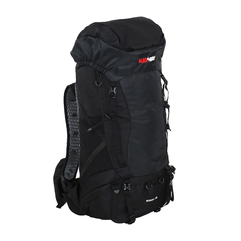 Jet Black | Black Wolf Boudii 60L. Front View Showing Pockets and Clips. 