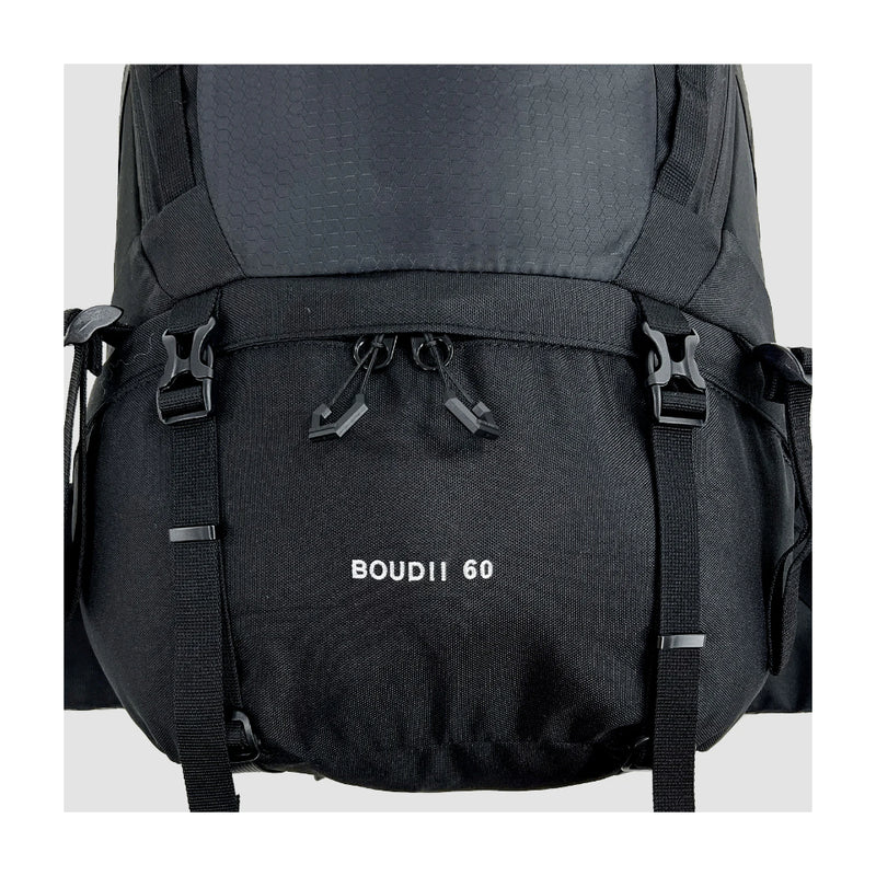 Jet Black | Black Wolf Boudii 60L. Front View Showing Pockets and Clips. 