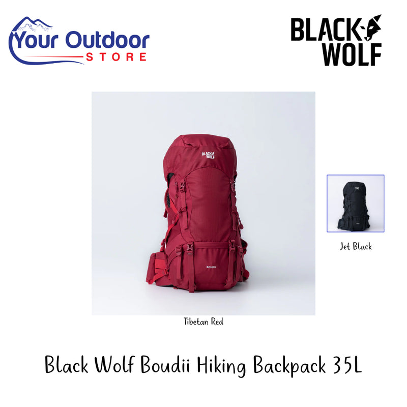 Black Wolf Boudii Hiking Backpack 365L | Hero Image Showing All Logos, Titles And Variants.