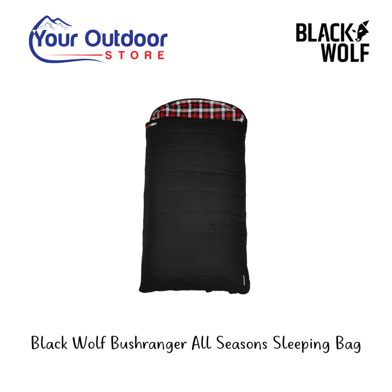Black Wolf Bushranger All Seasons Sleeping Bag. Hero Image Showing Logos and Title. 
