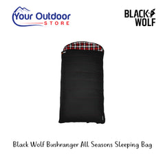 Black Wolf Bushranger All Seasons Sleeping Bag. Hero Image Showing Logos and Title. 