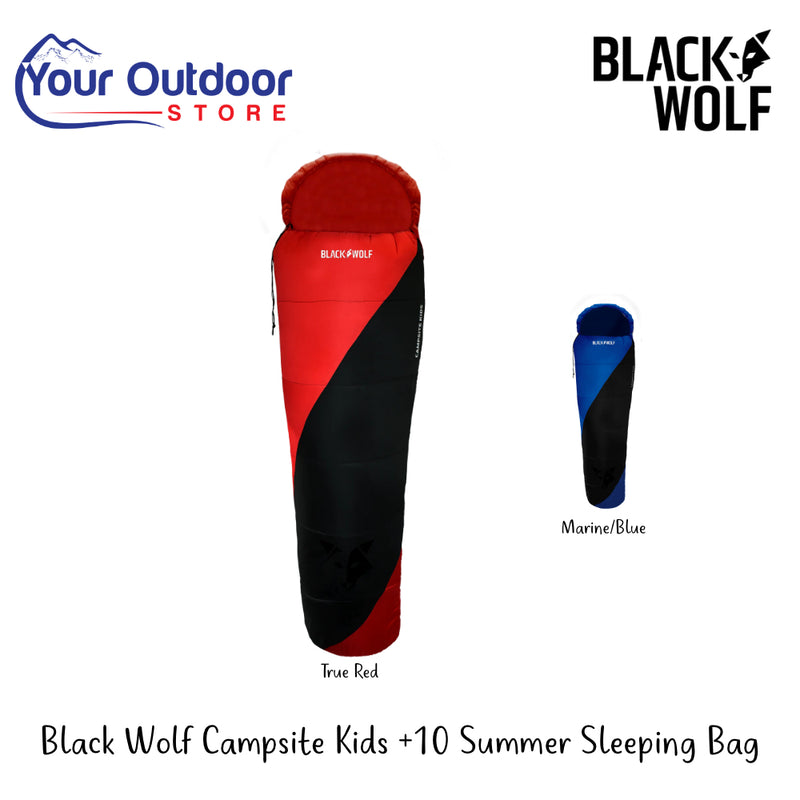 Black Wolf Campsite Kids +10 Summer Sleeping Bag | Hero Image Showing All Logos, Titles And Variants.