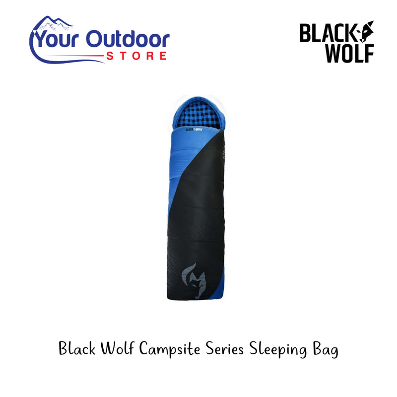 Black Wolf Campsite Series Sleeping Bag. Hero Image Showing Logos and Title. 