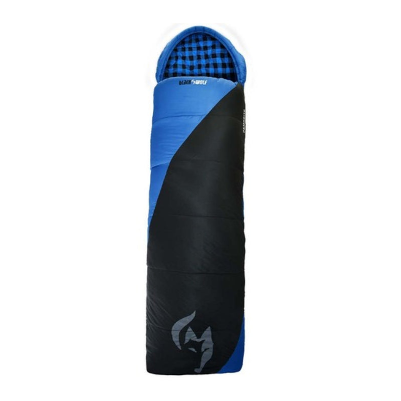 Black / Blue | Black Wolf Campsite Series Sleeping Bag. Shown Zipped Up and Hood. 