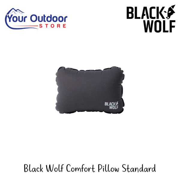 Black Wolf Comfort Pillow Standard | Hero Image Showing All Logos And Titles.