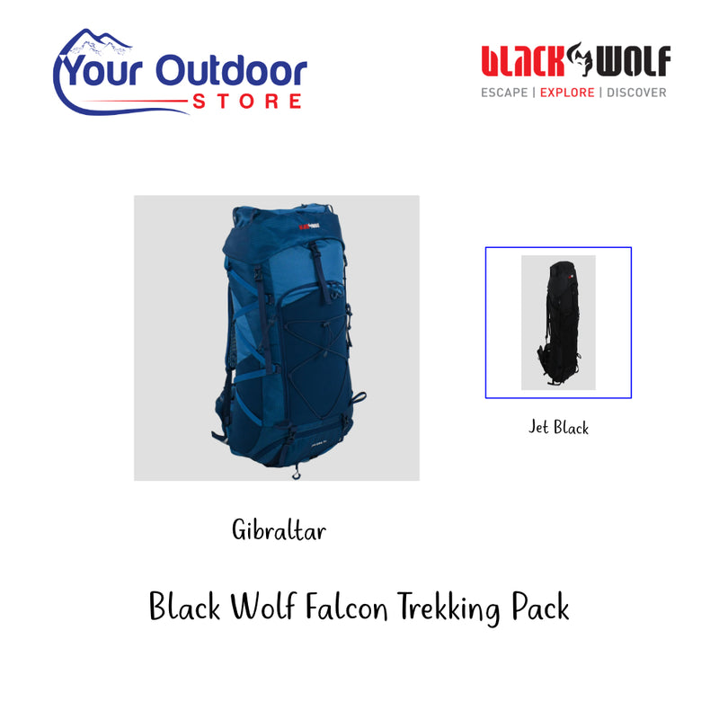 Black Wolf Falcon Trekking Pack. Hero Image Showing Variants, Logos and Title. 