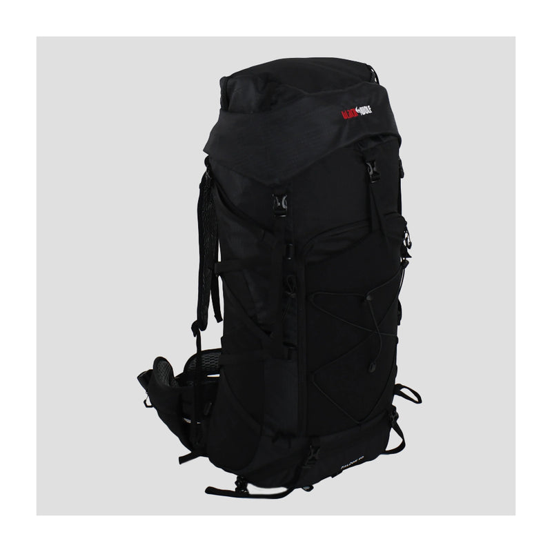 Jet Black | Black Wolf Falcon Trekking Pack. Angled Front View - Fully Packed. 