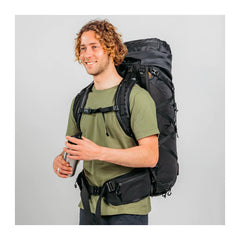 Jet Black | Black Wolf Falcon Trekking Pack. Angled Front View on Model.