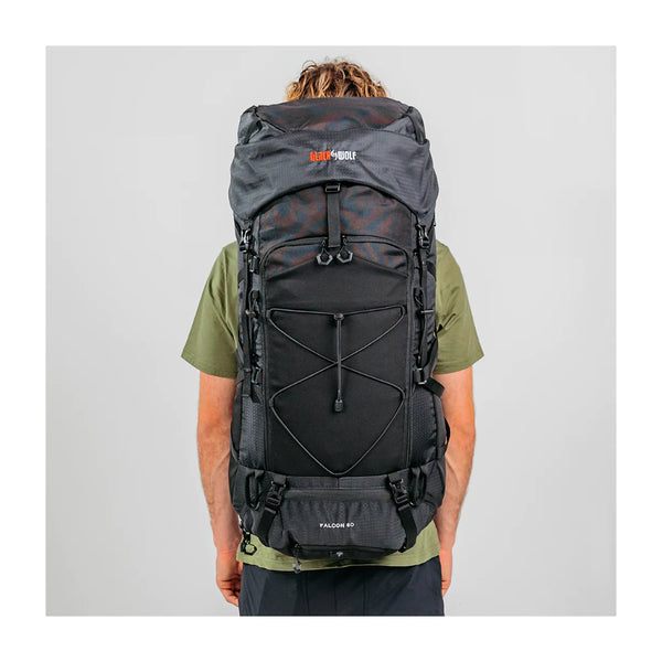 Jet Black | Black Wolf Falcon Trekking Pack. Shown from Back of Model - Fully Packed.
