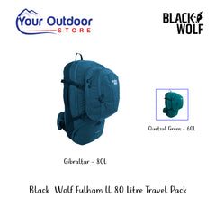 Black Wolf Fulham II - 80 Litre Travel Pack. Hero Image Showing Logos and Title. 