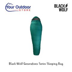 Black Wolf Generations Series Sleeping Bag. Hero Image Showing Logos and Title. 
