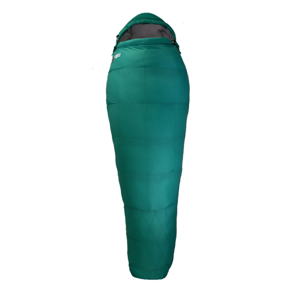 Green | Black Wolf Generations Series Sleeping Bag Shown Zipped Up with Hood. 