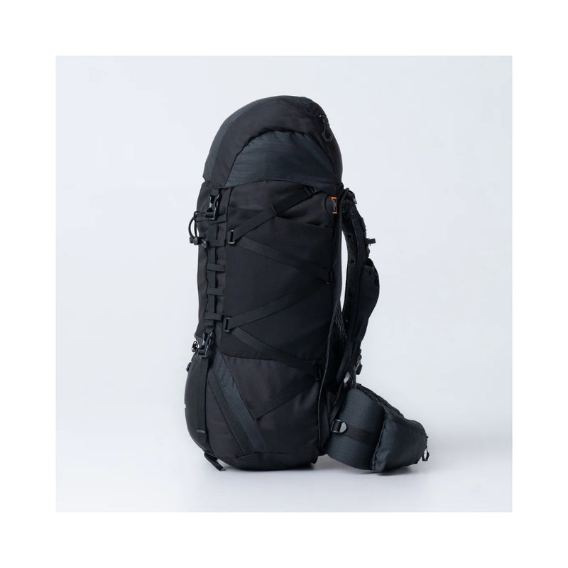 Black/60L | Black Wolf Nakeen 60L Hiking Pack Image Showing Side View With Top Closed.