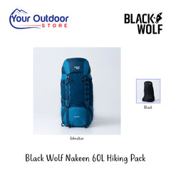 Black Wolf Nakeen 60L Hiking Pack | Hero Image showing All Logos, Titles And Variants.