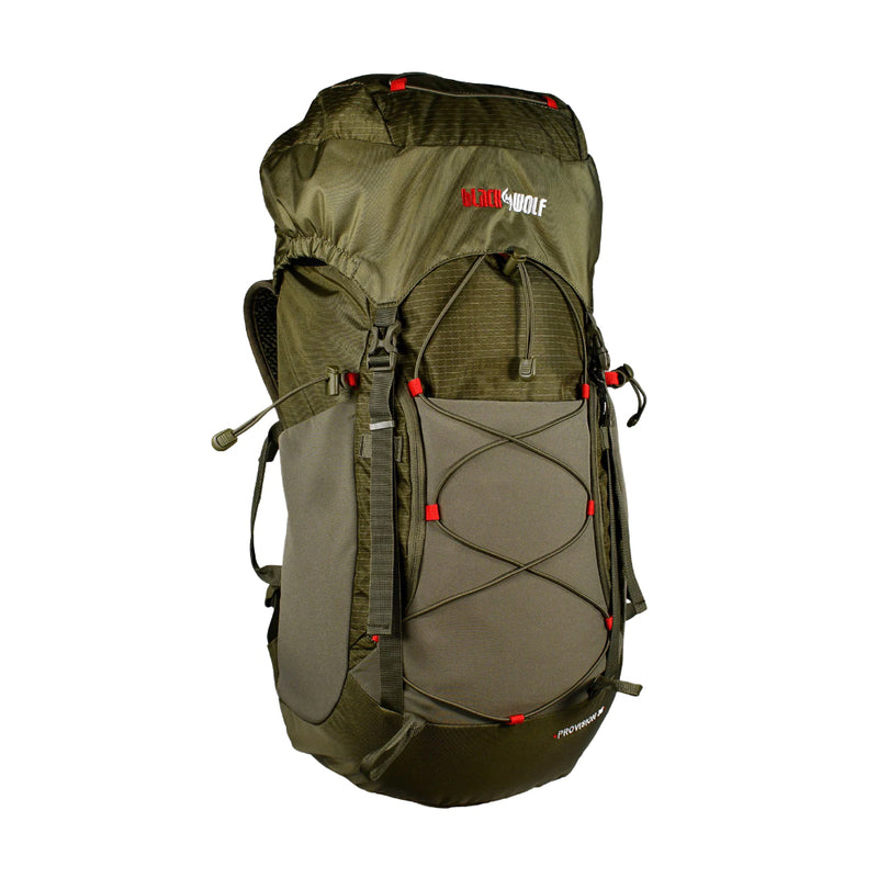 Moss | Black Wolf Provision 55. Angled Front View Fully Packed. 