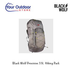 Black Wolf Provision 55L Hiking Pack. Hero Image Showing Logos and Title. 